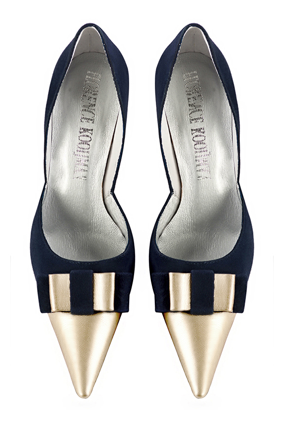 Gold and navy blue women's open arch dress pumps. Pointed toe. Very high slim heel. Top view - Florence KOOIJMAN